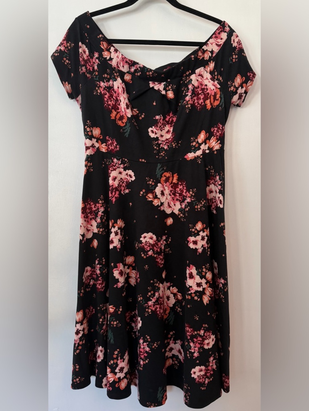 Torrid Off-Shoulder Black Floral Dress with Pink & Coral Blooms